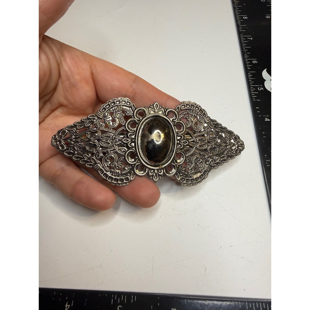 Vintage Ornate Silver Tone Filigree Hair Barrette Faux Stone Made in Korea 4in